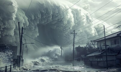 Fototapeta premium Devastating Tsunami Wave: Powerful Natural Disaster Visualization for Advertising and Marketing. Dramatic Depiction of Extreme Weather and Environmental Danger in Stunning 4K Resolution.