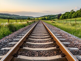 Fototapeta premium straight railway tracks leading to distant hills and green fields at sunset