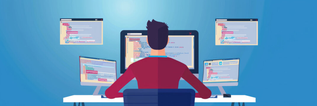 A young professional coding intensely at a well-organized desk surrounded by multiple computer screens