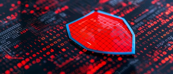 digital security shield - red and blue cyber protection emblem on binary code background for data protection and privacy concept