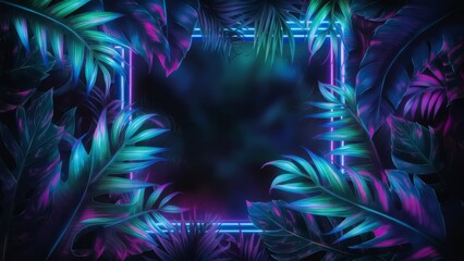 neon-lit frame, featuring lush tropical leaves that seem to be glowing in the dark