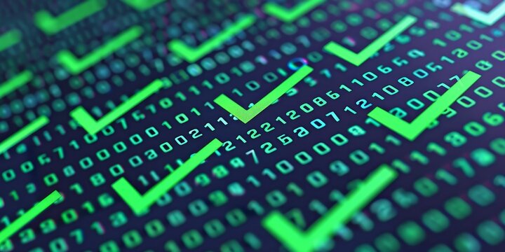abstract green checkmarks on a digital binary code background - success, security, and data protection concept.