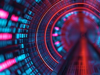 abstract digital tunnel with glowing red and blue lights - futuristic technology background