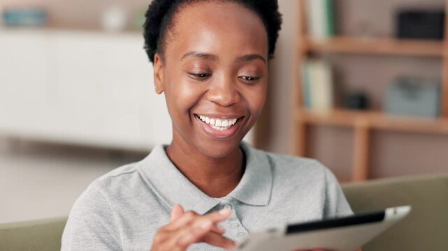 Happy black woman, tablet and internet scroll with meme, watching video and online comic strip. African lady, tech and laugh for social media comment, streaming comedy movies and funny ebook in home