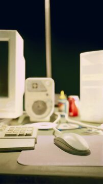 A room filled with a variety of appliances, including old computer equipment, creating a cluttered and tech-filled space with distortion and interference.
