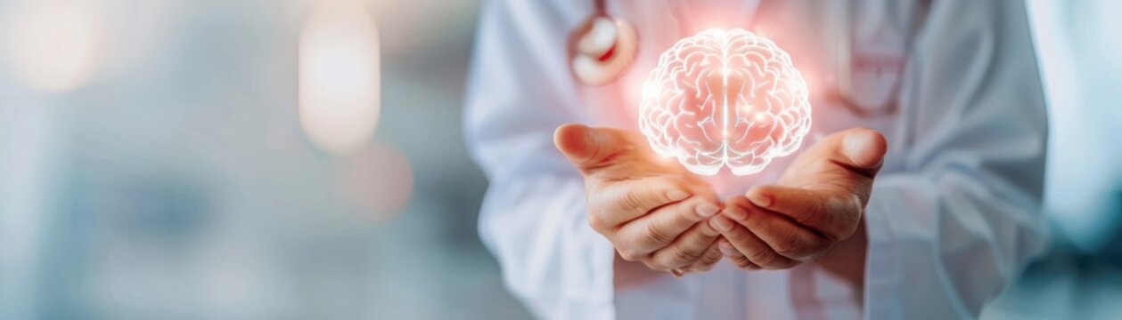 A doctor holds a glowing brain illustration representing medical innovation and mental health awareness in a clinical setting.