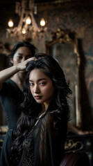 Fototapeta premium Two women get ready in a beautifully decorated vintage room, capturing elegance and anticipation for the evening ahead