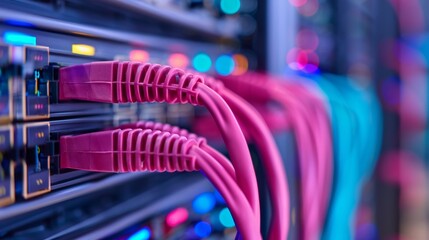 close-up of network cables connected to server rack in modern data center with blinking lights
