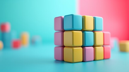 Obraz premium A colorful cube made of smaller cubes on a blue and pink background.