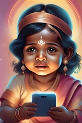 A cute Indian child illustration, holding a smartphone, Infront of her. People and technology concept.
