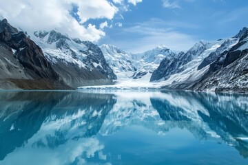 Icy blue lake mirrors snowcapped mountains under cloudy sky, Icy blue lake reflecting snow-capped mountains