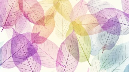 Translucent Multicolored Leaves in Delicate Pastel Shades on Light Background for Artistic and Decorative Uses.