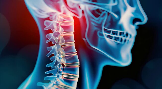 Medical illustration of human cervical spine highlighting neck vertebrae with red area indicating pain or inflammation