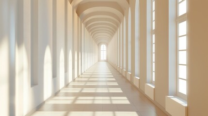 A long, bright hallway with arched ceilings and windows casting light patterns on the floor.