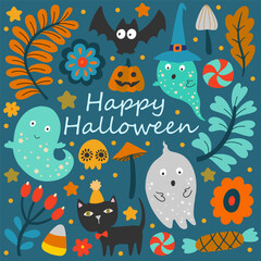 Happy Halloween. Vector cute illustrations of objects: pumpkin head, black cat, ghosts, for postcard creation, greeting card.