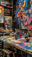 A cluttered artist's workspace filled with paint splatters and brushes showcases a burst of creativity