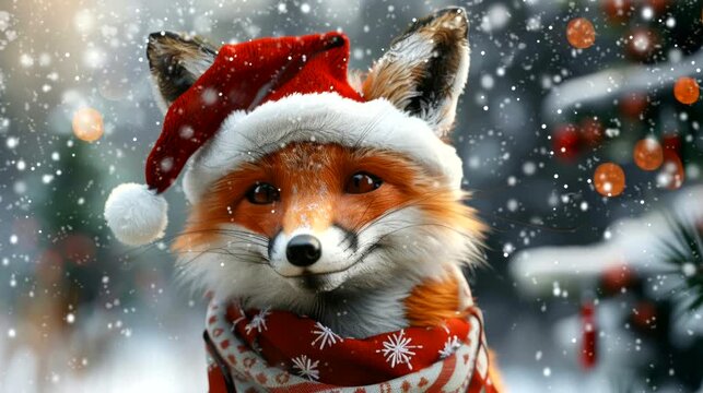 a festive wallpaper featuring cute fox dressed in Santa hats and scarves, christmas decoration tree. seamless looping time-lapse virtual 4k video animation background
