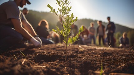 Sustainable education concept with students participating in a tree-planting activity,