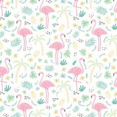 Summer seamless pattern of flamingo and tropical leaves vector illustration