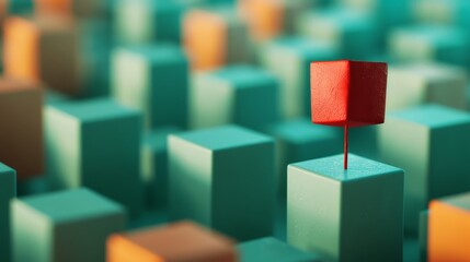 Obraz premium A single red cube stands out from a field of teal and orange cubes. It is a symbol of uniqueness and individuality.