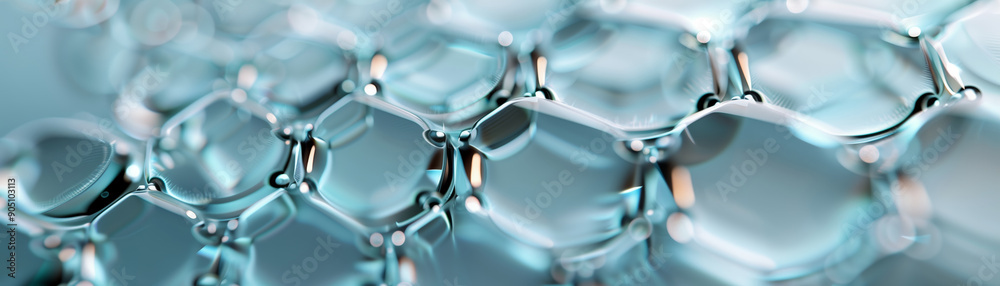 Sticker close-up of interconnected glass droplets showcasing unique patterns, reflecting light in a serene b