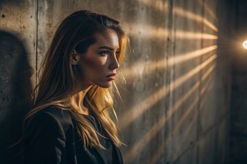 Obraz premium A beautiful minimalistic portrait of a stylish woman against a concrete wall with contrasting lighting. Banner, advertisement.