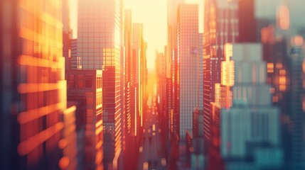 A vibrant cityscape at sunset, with tall buildings casting long shadows and the sun glowing warmly in the background.