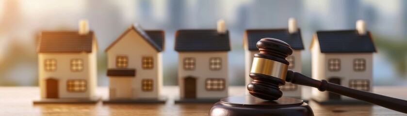 A gavel symbolizes legal proceedings in the background of miniature houses, representing property law and real estate transactions.