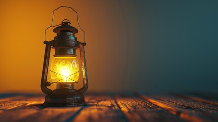 A vintage oil lamp with a warm glow sits on a wooden table, casting a soft light against a dark background.