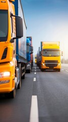 line of semitrailers on highway, yellow truck leading the way, cargo delivery, transportation, logistics, freight, road, highway, trucking industry, t