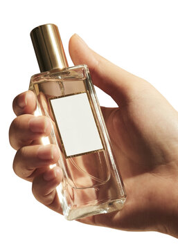 Hand holding blank perfume glass bottle design element