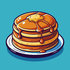 The puffed pancakes on the plate are watered down with syrup, with a slice of butter on top. Cartoon vector illustration
