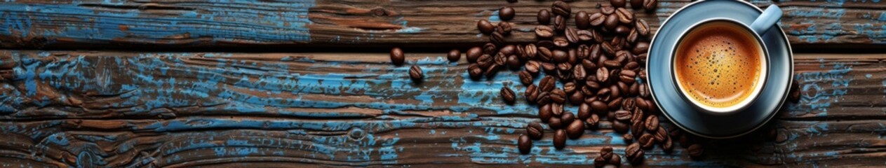 Vintage Kitchen Table with Coffee Cup and Beans, a Top-Down View for Ample Copy Space in Advertising Posters and Promotional Backgrounds