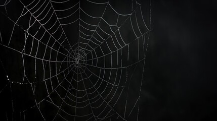 Close-up of a spider web with morning dew against a dark background