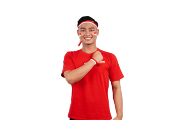An Indonesian man giving salute to celebrate Indonesia's independence day on 17 August isolated transparent