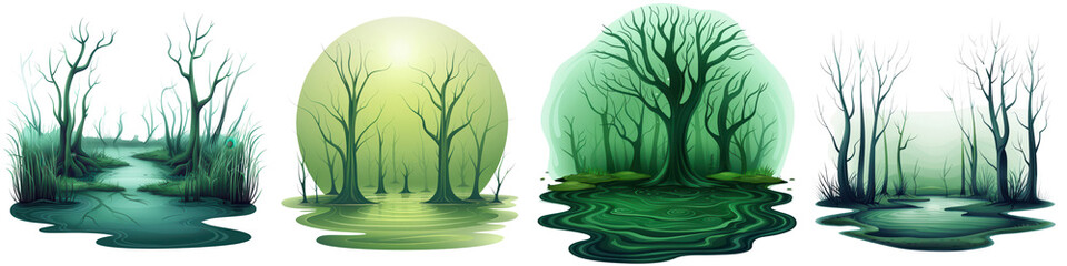 Four different forest scenes with a pond in the middle