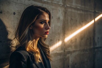 Fototapeta premium A beautiful minimalistic portrait of a stylish woman against a concrete wall with contrasting lighting. Banner, advertisement.