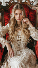 Fototapeta premium A graceful woman in a vintage dress sits elegantly in a richly decorated chair