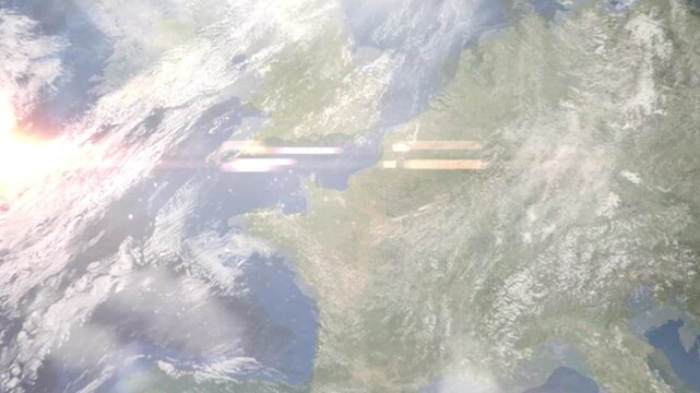 Earth zoom in from space and focus on Lisieux, France. Background for travel intro or blog. Satellite view. 3D style Animation. Images from NASA.