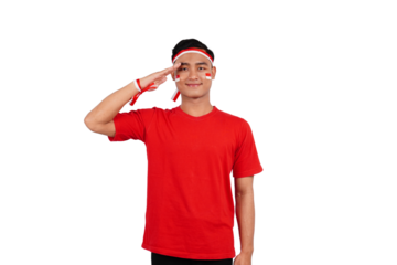 An Indonesian man giving salute to celebrate Indonesia's independence day on 17 August isolated transparent