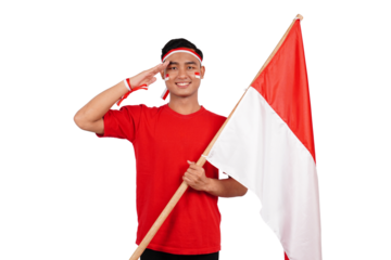 An Indonesian man giving salute to celebrate Indonesia's independence day on 17 August isolated transparent