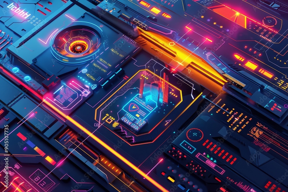 Poster a high-tech computer screen displaying a futuristic cyber security system interface, illustrate a fu