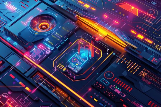 A high-tech computer screen displaying a futuristic cyber security system interface, Illustrate a futuristic cyber security system using geometric shapes and vibrant colors - Powered by Adobe