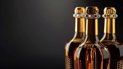 Three champagne bottles with gold foil and a black background. The bottles are slightly out of focus, creating a blurred effect.