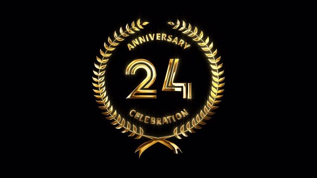 24th Anniversary Celebration. Happy 24 Years Anniversary Animation in Gold Color on the Transparent Background, Alpha Channel. Great for greetings, celebrations, events, and gifts.