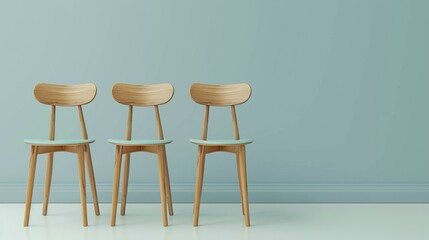 Three wooden chairs with light blue wall background.  Minimalist interior design.
