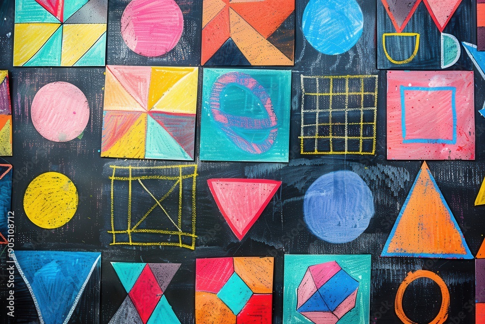 Poster A blackboard is filled with vibrant geometric shapes and patterns created with chalk by students in an art class. Generative AI