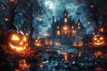 A Halloween-themed mockup featuring spooky elements such as jack-o'-lanterns, ghosts, bats, and a haunted house. Perfect for promotional materials, party invitations, or social media posts 