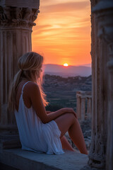 Obraz premium A blonde woman in white sits on the balcony of an ancient Greek palace, looking at a pink and orange sunset sky, which is romantic and beautiful. 