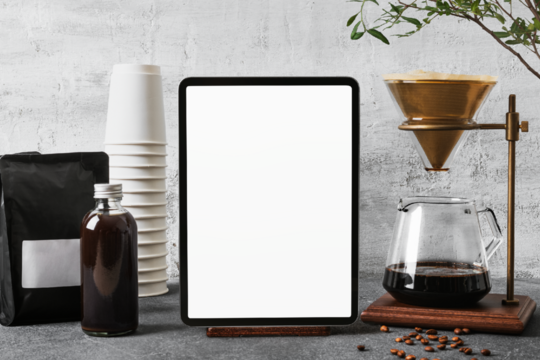 Transparent tablet screen mockup png, coffee shop smart technology
